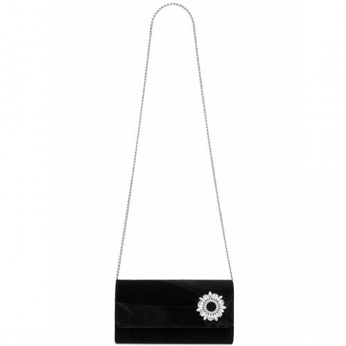 CLM2457 - Miss Lulu Elegant Velvet Evening Clutch with Crystal Ring & Detachable Chain Strap - Versatile Shoulder or Handheld Bag - Black