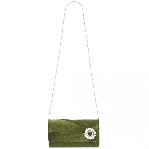 CLM2457 - Miss Lulu Elegant Velvet Evening Clutch with Crystal Ring & Detachable Chain Strap - Versatile Shoulder or Handheld Bag - Green