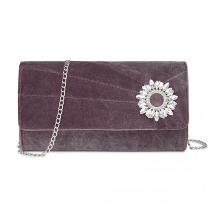 CLM2457 - Miss Lulu Elegant Velvet Evening Clutch with Crystal Ring & Detachable Chain Strap - Versatile Shoulder or Handheld Bag - Purple