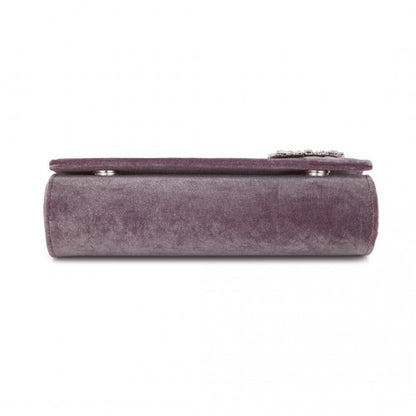 CLM2457 - Miss Lulu Elegant Velvet Evening Clutch with Crystal Ring & Detachable Chain Strap - Versatile Shoulder or Handheld Bag - Purple