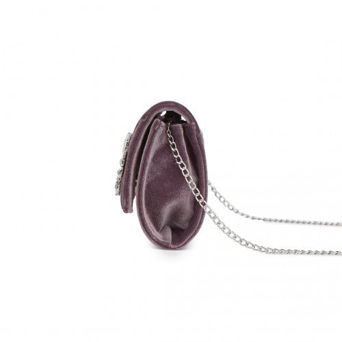CLM2457 - Miss Lulu Elegant Velvet Evening Clutch with Crystal Ring & Detachable Chain Strap - Versatile Shoulder or Handheld Bag - Purple