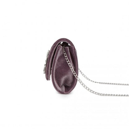 CLM2457 - Miss Lulu Elegant Velvet Evening Clutch with Crystal Ring & Detachable Chain Strap - Versatile Shoulder or Handheld Bag - Purple