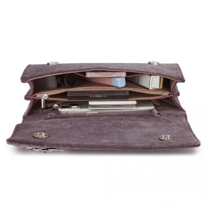 CLM2457 - Miss Lulu Elegant Velvet Evening Clutch with Crystal Ring & Detachable Chain Strap - Versatile Shoulder or Handheld Bag - Purple