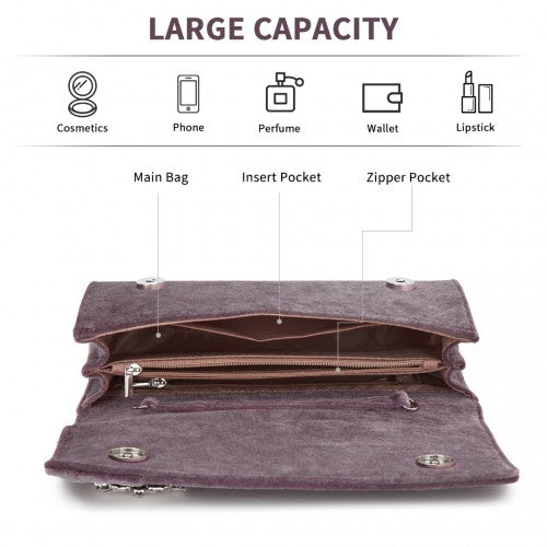 CLM2457 - Miss Lulu Elegant Velvet Evening Clutch with Crystal Ring & Detachable Chain Strap - Versatile Shoulder or Handheld Bag - Purple