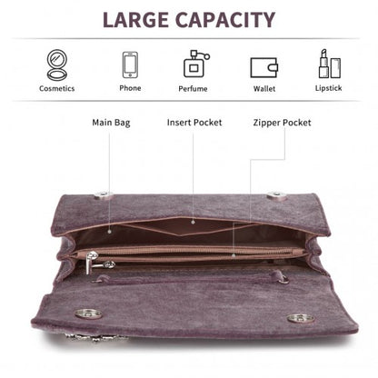 CLM2457 - Miss Lulu Elegant Velvet Evening Clutch with Crystal Ring & Detachable Chain Strap - Versatile Shoulder or Handheld Bag - Purple