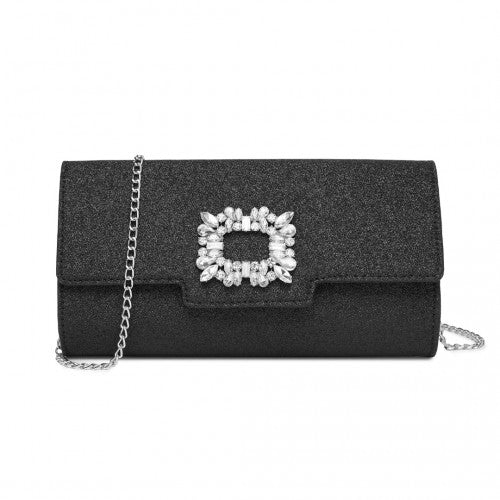 CLM2461 - Miss Lulu Glitter Evening Clutch with Crystal Embellishment & Detachable Chain Strap - Elegant Crossbody or Handheld Bag - Black