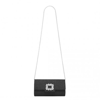 CLM2461 - Miss Lulu Glitter Evening Clutch with Crystal Embellishment & Detachable Chain Strap - Elegant Crossbody or Handheld Bag - Black
