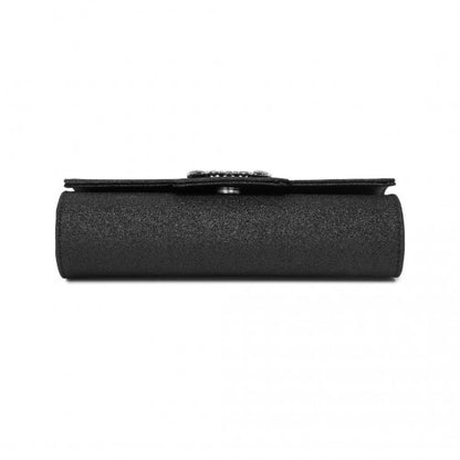 CLM2461 - Miss Lulu Glitter Evening Clutch with Crystal Embellishment & Detachable Chain Strap - Elegant Crossbody or Handheld Bag - Black