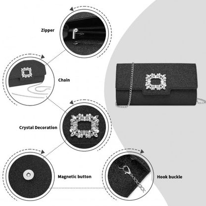 CLM2461 - Miss Lulu Glitter Evening Clutch with Crystal Embellishment & Detachable Chain Strap - Elegant Crossbody or Handheld Bag - Black