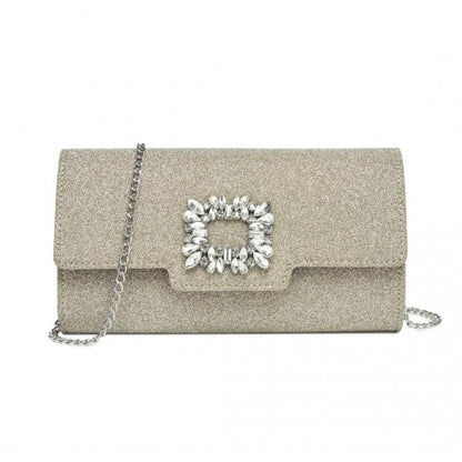 CLM2461 - Miss Lulu Glitter Evening Clutch with Crystal Embellishment & Detachable Chain Strap - Elegant Crossbody or Handheld Bag - Gold