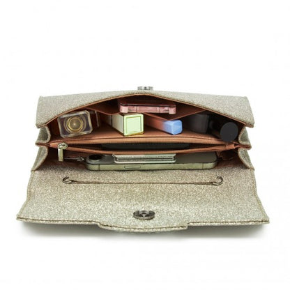 CLM2461 - Miss Lulu Glitter Evening Clutch with Crystal Embellishment & Detachable Chain Strap - Elegant Crossbody or Handheld Bag - Gold