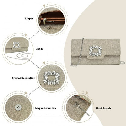 CLM2461 - Miss Lulu Glitter Evening Clutch with Crystal Embellishment & Detachable Chain Strap - Elegant Crossbody or Handheld Bag - Gold