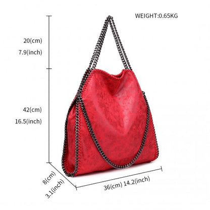 S1760 - Miss Lulu Metallic Effect Chain Tote Bag - Red