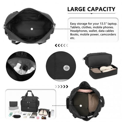 EA2348 - Kono Waterproof Multi-Pocket Travel Duffel Bag Set With Dedicated Shoe Compartment - Black
