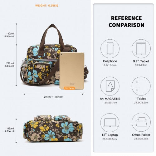 EB2351F - Kono Sleek Multi-Pocket Water-Resistant Crossbody Tote Bag With Flower Print - Brown
