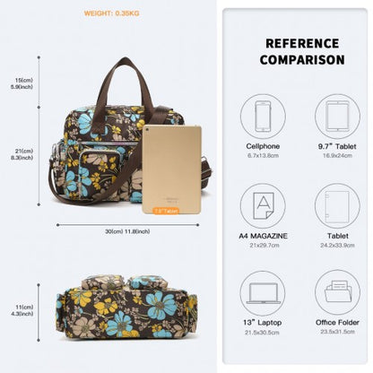 EB2351F - Kono Sleek Multi-Pocket Water-Resistant Crossbody Tote Bag With Flower Print - Brown
