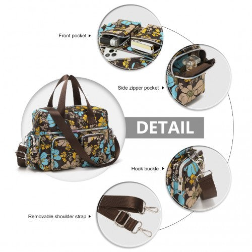 EB2351F - Kono Sleek Multi-Pocket Water-Resistant Crossbody Tote Bag With Flower Print - Brown