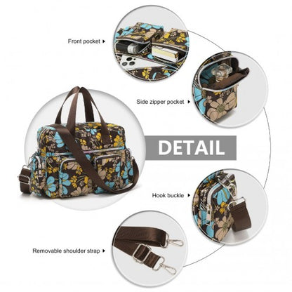 EB2351F - Kono Sleek Multi-Pocket Water-Resistant Crossbody Tote Bag With Flower Print - Brown