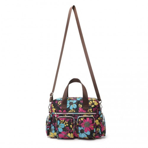 EB2351F - Kono Sleek Multi-Pocket Water-Resistant Crossbody Tote Bag With Flower Print - Black