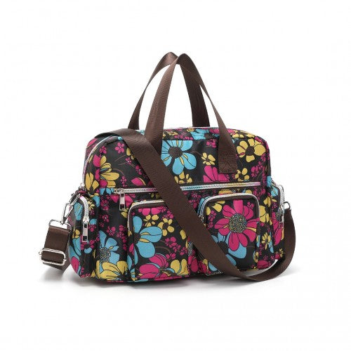 EB2351F - Kono Sleek Multi-Pocket Water-Resistant Crossbody Tote Bag With Flower Print - Black