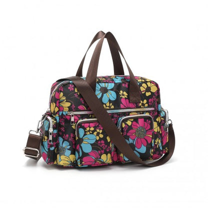 EB2351F - Kono Sleek Multi-Pocket Water-Resistant Crossbody Tote Bag With Flower Print - Black