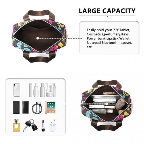 EB2351F - Kono Sleek Multi-Pocket Water-Resistant Crossbody Tote Bag With Flower Print - Black