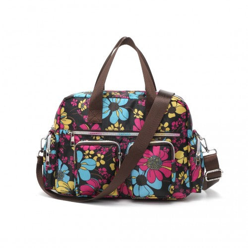 EB2351F - Kono Sleek Multi-Pocket Water-Resistant Crossbody Tote Bag With Flower Print - Black