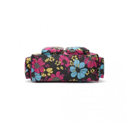 EB2351F - Kono Sleek Multi-Pocket Water-Resistant Crossbody Tote Bag With Flower Print - Black