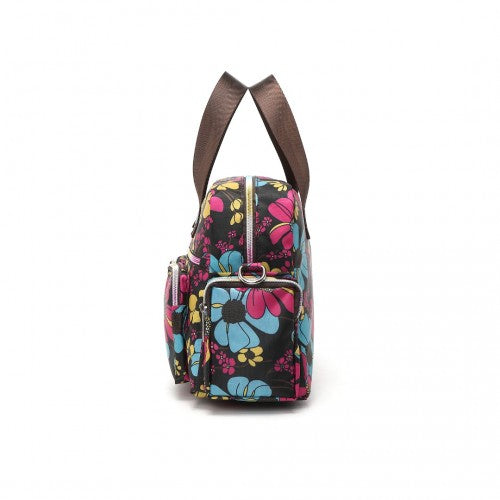EB2351F - Kono Sleek Multi-Pocket Water-Resistant Crossbody Tote Bag With Flower Print - Black