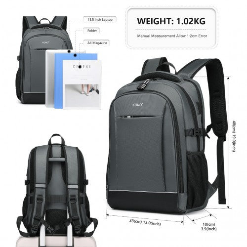 EM2130 - Kono Functional Travel Backpack With USB Charging Port - Grey