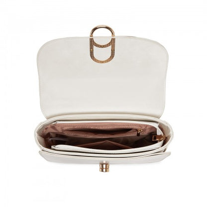 HBM2514 - Miss Lulu Stylish PU Saddle Bag with Chain-Accent Top Handle & Adjustable Strap - Beige