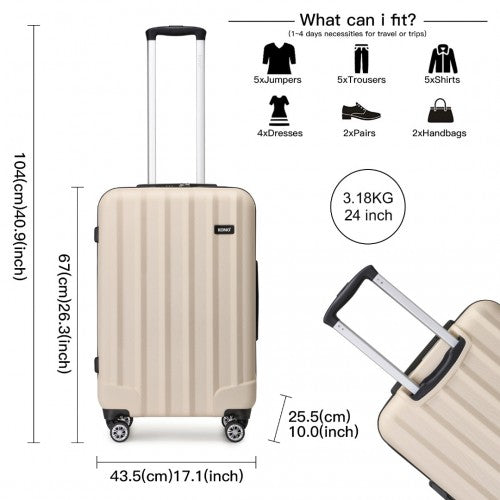 K1773-1L - Kono 24 Inch Striped ABS+PC Hard Shell Luggage with 360-Degree Spinner Wheels - Beige