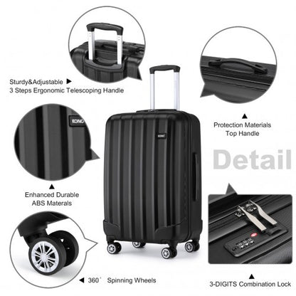 K1773-1L - Kono 24 Inch Striped ABS+PC Hard Shell Luggage with 360-Degree Spinner Wheels - Black