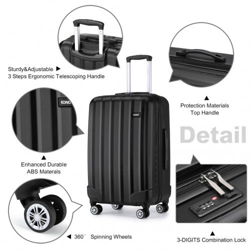 K1773-1L - Kono 28 Inch Striped ABS+PC Hard Shell Luggage with 360-Degree Spinner Wheels - Black