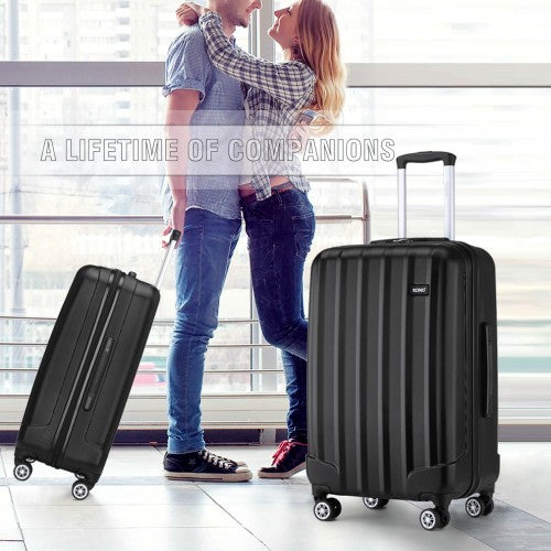 K1773-1L - Kono 24 Inch Striped ABS+PC Hard Shell Luggage with 360-Degree Spinner Wheels - Black