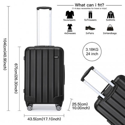 K1773-1L - Kono 24 Inch Striped ABS+PC Hard Shell Luggage with 360-Degree Spinner Wheels - Black