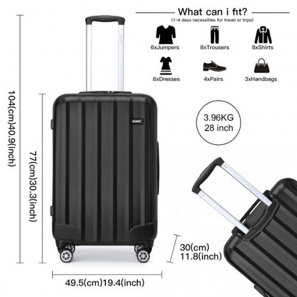 K1773-1L - Kono 28 Inch Striped ABS+PC Hard Shell Luggage with 360-Degree Spinner Wheels - Black