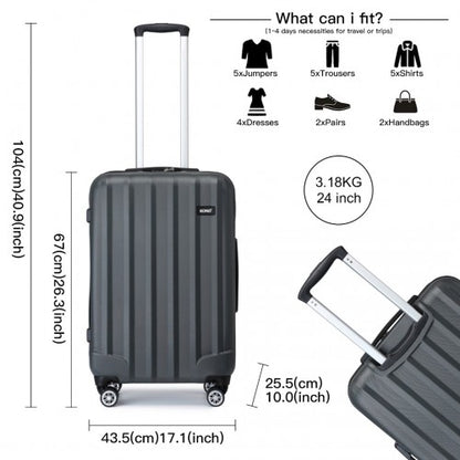 K1773-1L - Kono 24 Inch Striped ABS+PC Hard Shell Luggage with 360-Degree Spinner Wheels - Grey
