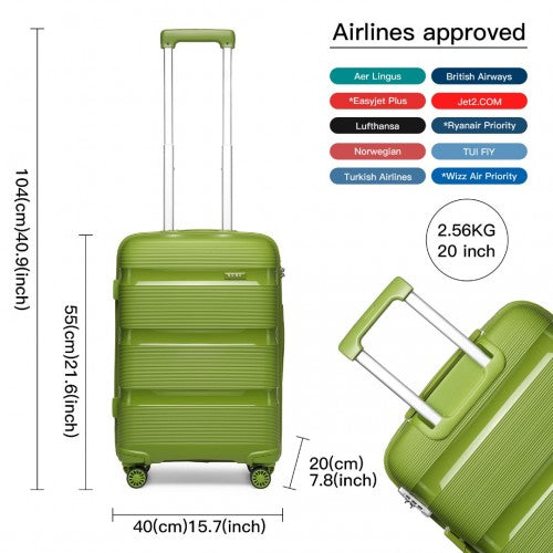 K2092L - Kono 20 Inch Bright Hard Shell PP Carry-On Suitcase In Cabin Size - Green