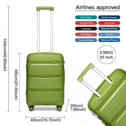 K2092L - Kono 20 Inch Bright Hard Shell PP Carry-On Suitcase In Cabin Size - Green