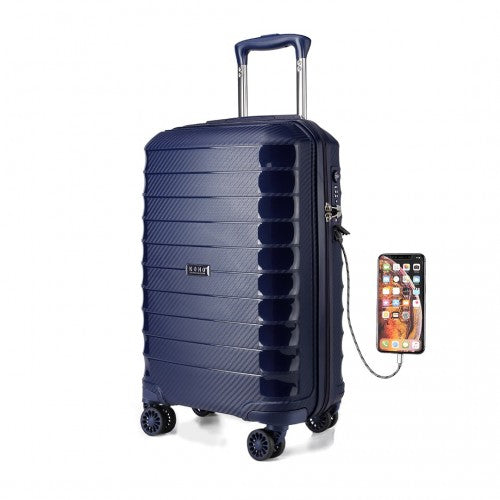 K2093 - Kono Cabin Size Classic Collection Polypropylene Luggage with Charging Interface - Navy Blue