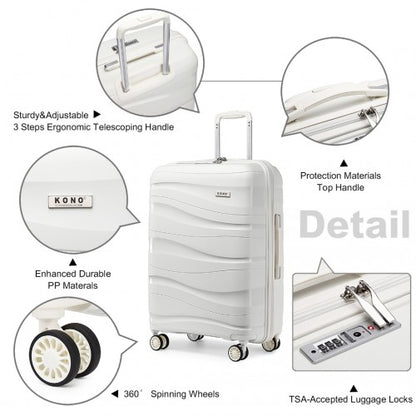 K2094L - Kono 24 Inch Lightweight Polypropylene Hard Shell Suitcase With TSA Lock - Cream White