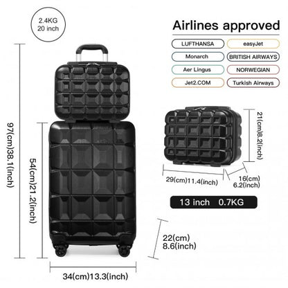 K2292L - Kono 13/20 Inch Lightweight Hard Shell ABS Cabin Suitcase With TSA Lock And Vanity Case - Black