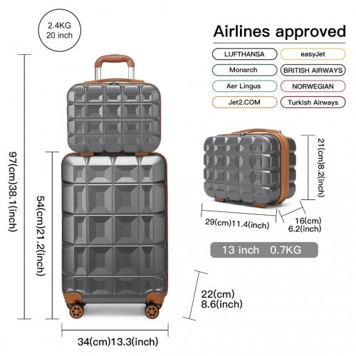 K2292L - Kono 13/20 Inch Lightweight Hard Shell ABS Cabin Suitcase With TSA Lock And Vanity Case - Grey