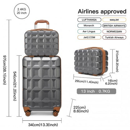 K2292L - Kono 13/20 Inch Lightweight Hard Shell ABS Cabin Suitcase With TSA Lock And Vanity Case - Grey
