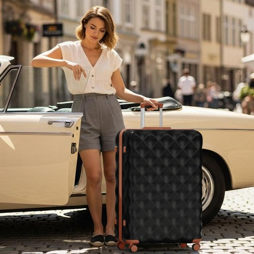 K2395L - British Traveller 32 Inch Extra-Large Diamond Texture ABS+PC Hard-Shell Spinner Suitcase with Telescopic Handle - Black and Brown