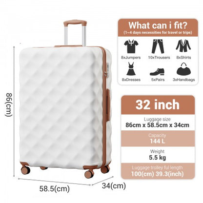 K2395L - British Traveller 32 Inch Extra-Large Diamond Texture ABS+PC Hard-Shell Spinner Suitcase with Telescopic Handle - Cream