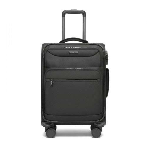 KSB2582 - British Traveller 20-Inch Durable Softshell Suitcase with Front Laptop Compartment, TSA Lock & Silent Spinner Wheels - Black