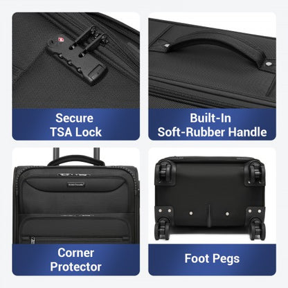 KSB2582 - British Traveller 20-Inch Durable Softshell Suitcase with Front Laptop Compartment, TSA Lock & Silent Spinner Wheels - Black