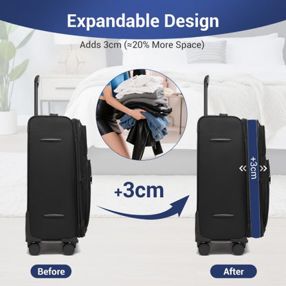 KSB2582 - British Traveller 24-Inch Expandable Softshell Suitcase with TSA Lock, Silent Spinner Wheels & Laptop Compartment - Black